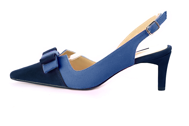 Navy blue women's open back shoes, with a knot. Tapered toe. Medium comma heels. Profile view - Florence KOOIJMAN